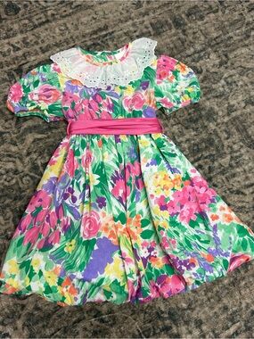 Abella White Eyelet Dress with Pink, Green & Purple Floral Accents
